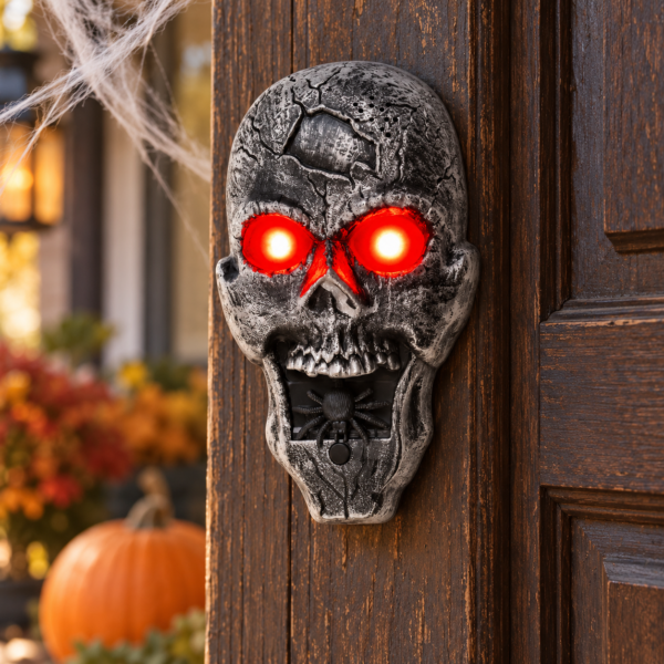 Osez sonner ! Sonnette Horror animée en forme de crâne aux yeux lumineux pour Halloween. Vendue à l’unité, 2 piles AAA fournies. PLANET FIESTA.